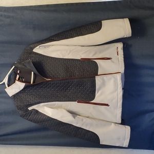 Maroon blue and off white coat.